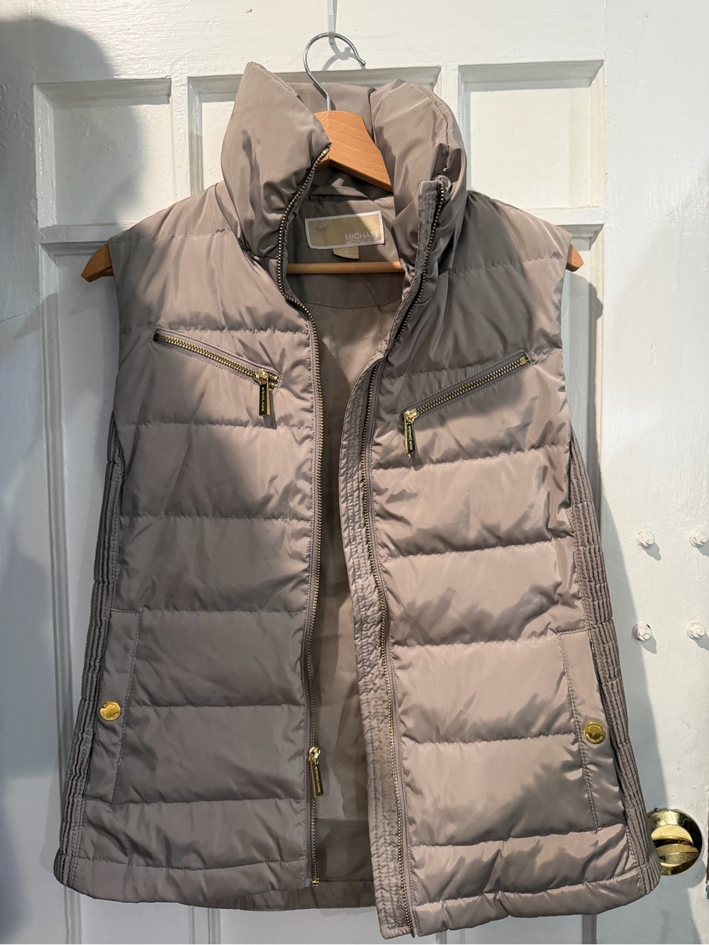 Michael Kors Taupe Quilted Lightweight Puffer Vest with Gold Hardware